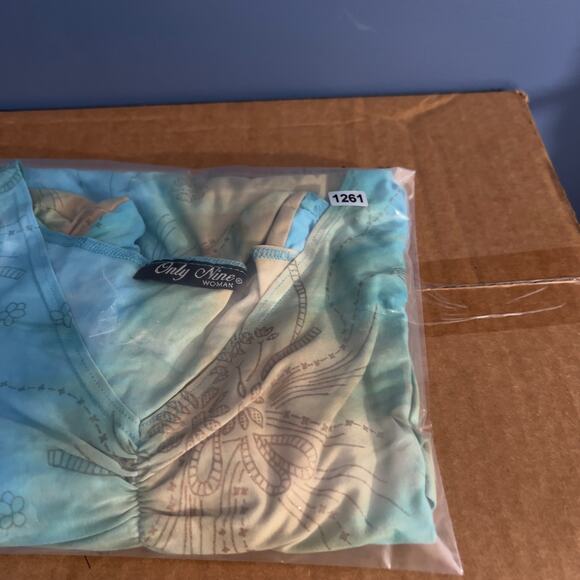 Only Nine Woman Top Metallic Thread Sparkle Floral Tye Dye Blue Green Brown - Picture 9 of 9